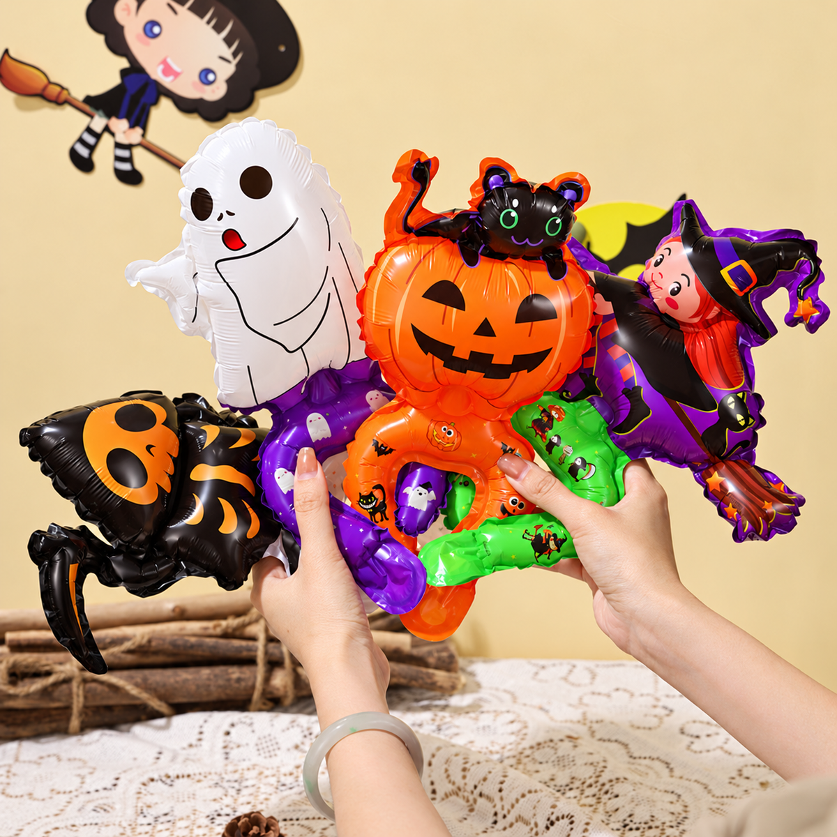 Halloween Witch Foil Balloon with Green Loop Design