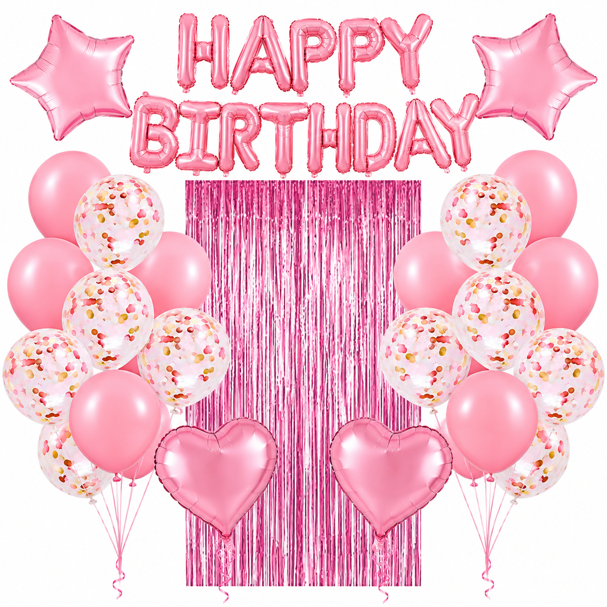 Pink Happy Birthday Balloon Set with Fringe Backdrop