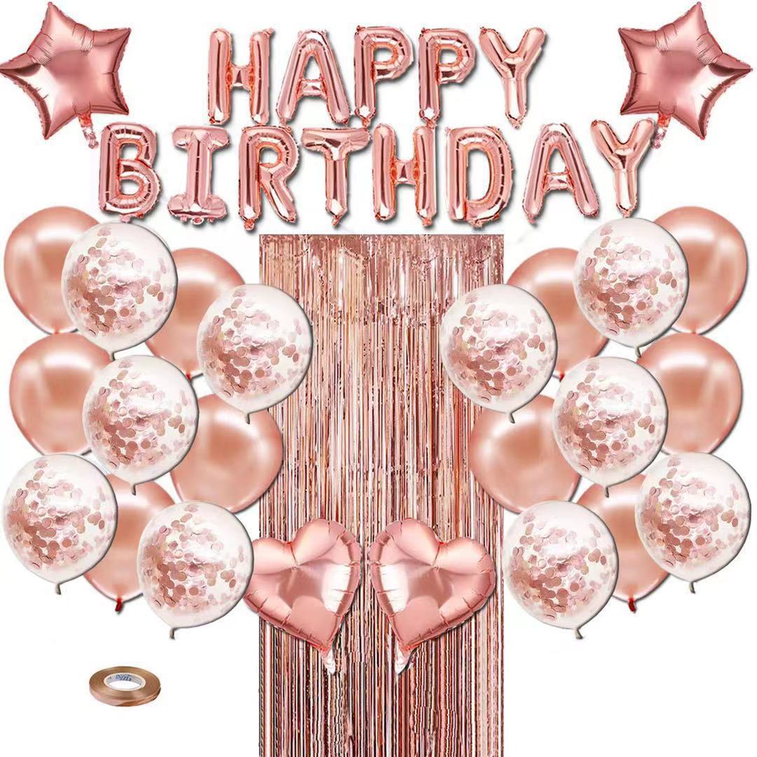 Pink Happy Birthday Balloon Set with Fringe Backdrop